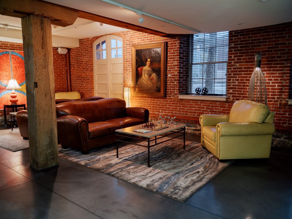 a seating area in the lancaster arts hotel lobby